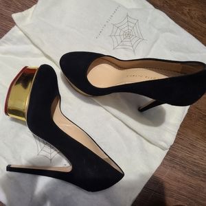 Charlotte olympia gold platform black suede heel